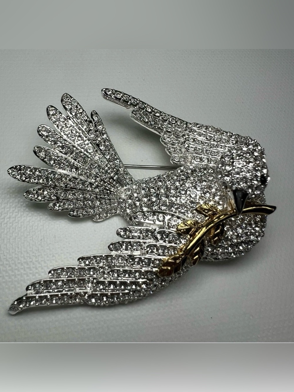 Joan Rivers Dove of Peace Brooch Austrian Crystal, Bird in Flight Christmas Bird